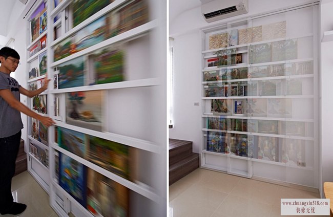 设计师于客厅的立面墙以展示柜形式表现,其可移动的收纳架能放置绘制的画作。