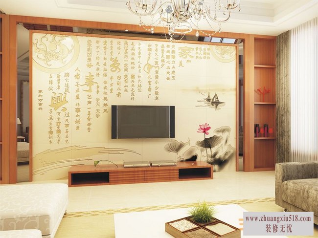 电视背景墙,瓷砖,中式风格瓷砖装饰墙面