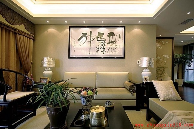 自然情趣中式风格四室两厅新中式客厅装修效果图设计欣赏